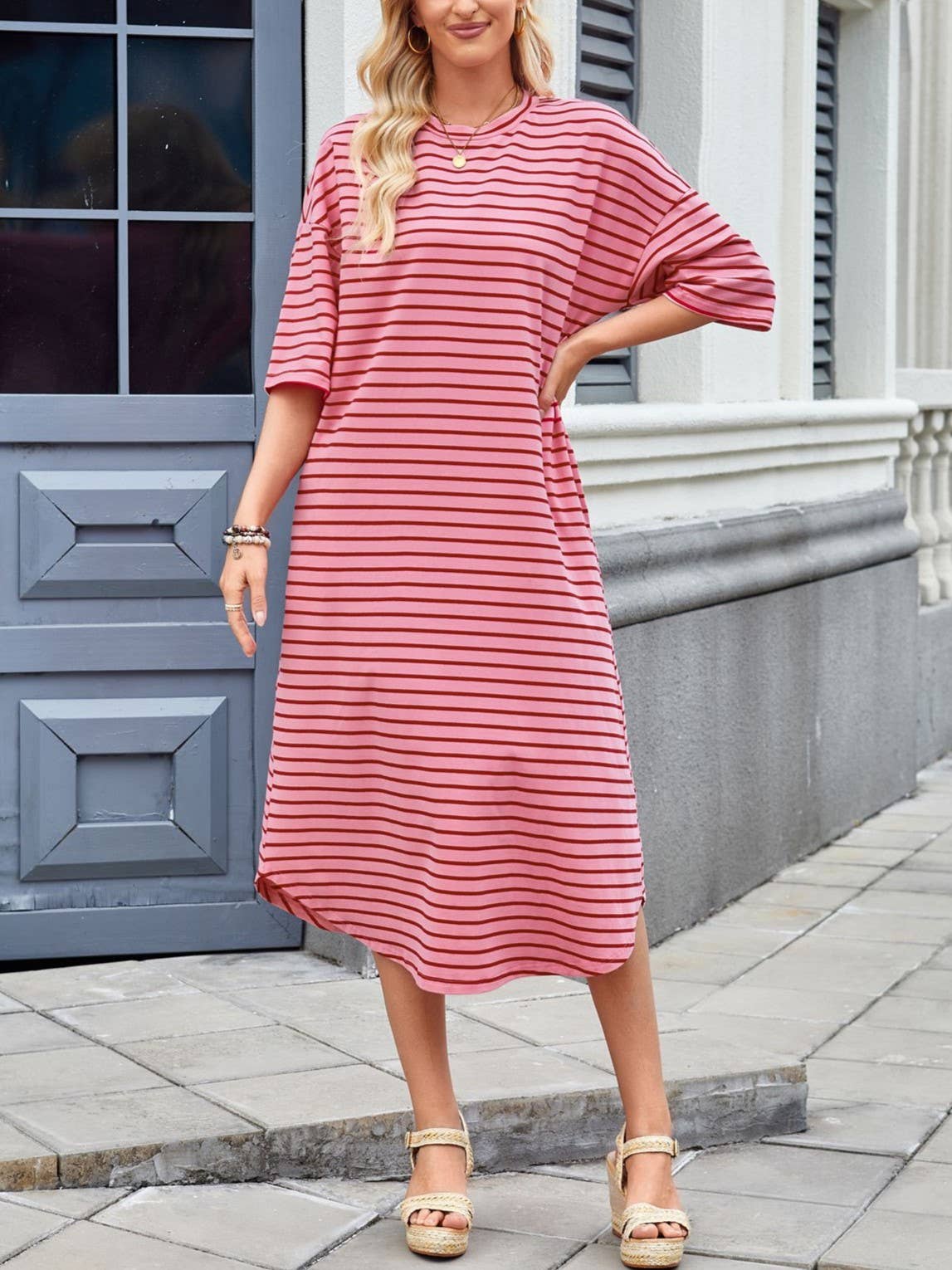 Casual Red Crewneck Maxi