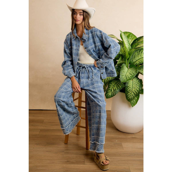 Frayed Plaid Wide Leg Jeans W/Pockets