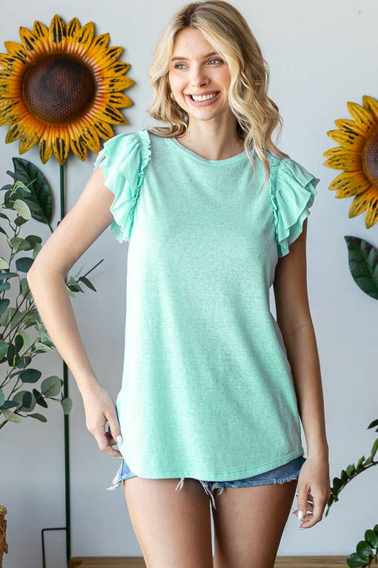 Mint Round Neck Ruffled Sleeve Tank