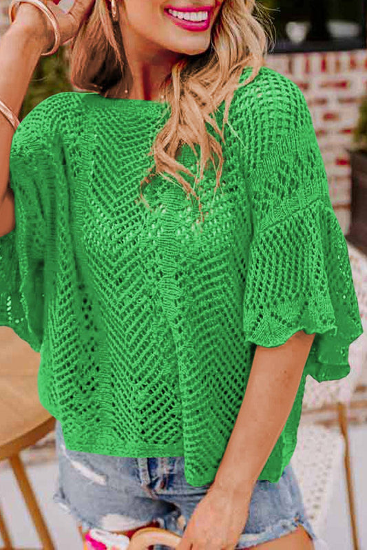 Green Pointelle Knit Scallop Edge Top*