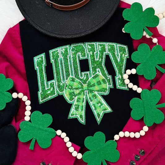 Lucky with Bow Sequin: Crew, Black