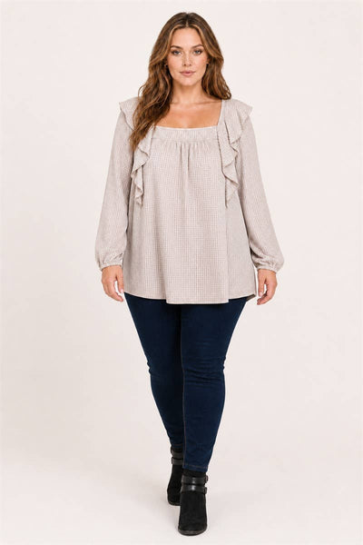 Taupe Waffle Knit Square Neck Ruffle Top