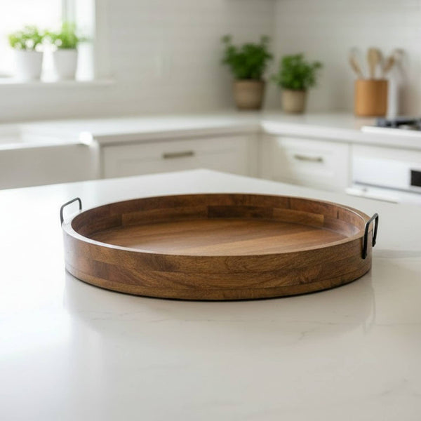 Mango Wood Round Serving Tray Natural & Walnut