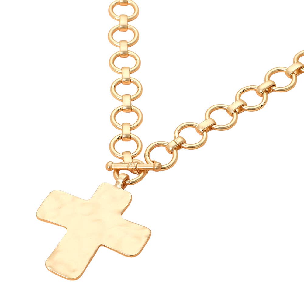 Hammered Cross Pendant Chunky Necklace