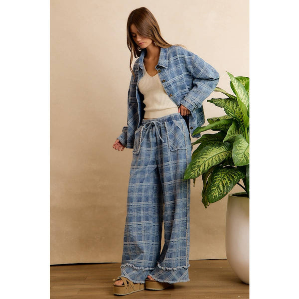 Frayed Plaid Wide Leg Jeans W/Pockets