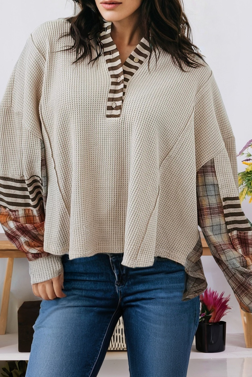 Waffle Colorblock Plaid Half Button Pullover