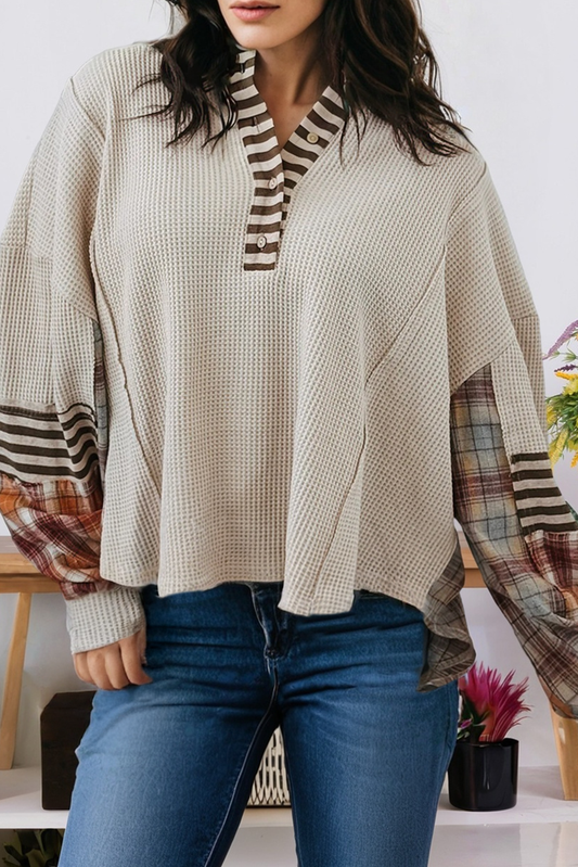 Waffle Colorblock Plaid Half Button Pullover