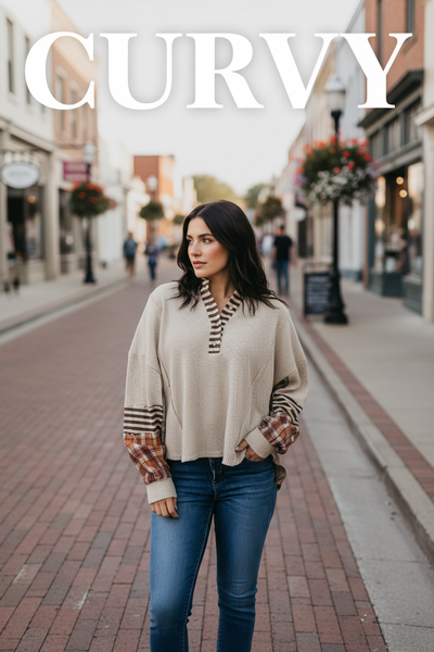 Waffle Colorblock Plaid Half Button Pullover