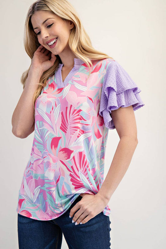 Lilac Tropical Ruffle Top
