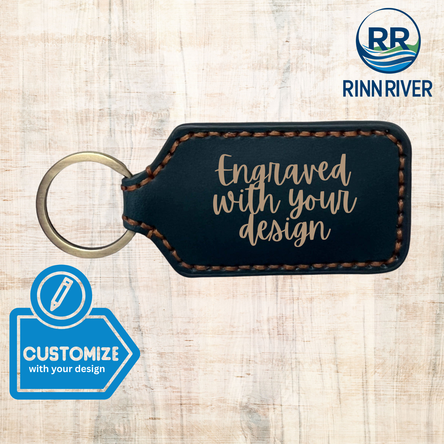 Leather Rectangle Keychain: Navy