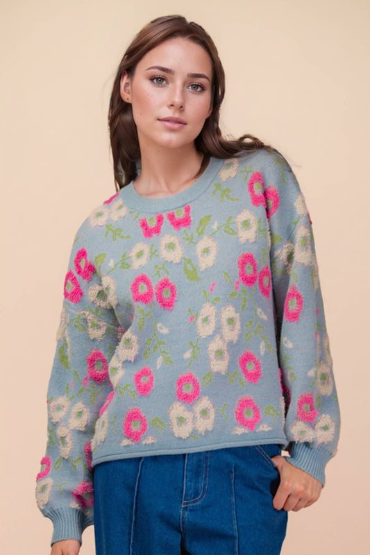 Sky Blue Floral Knit Sweater