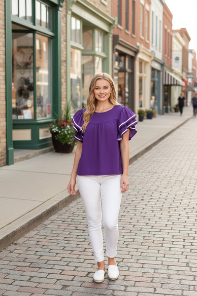 Purple Game Day Ruffle Sleeve Top