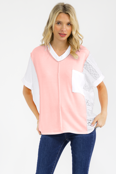 Mixed Media Lace V Neck Top Peach