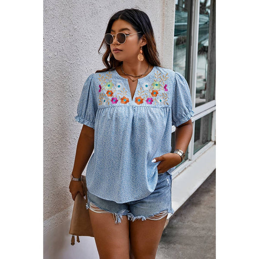 Blue Floral Embroidery Top