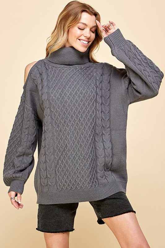 Charcoal Turtle Neck One Shoulder Sweater