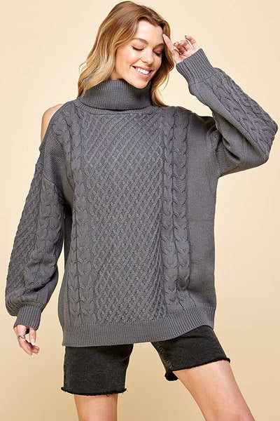 Charcoal Turtle Neck One Shoulder Sweater*