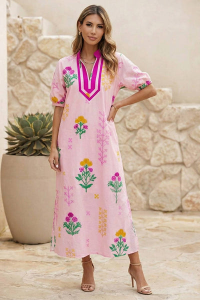 Pink Floral V Neck Dress