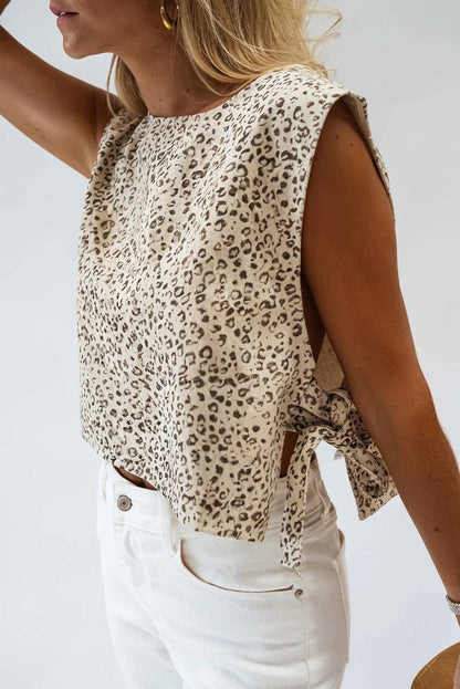 Apricot Leopard Print Knot Side Sleeveless Vest