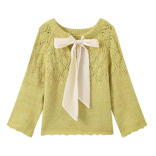 Hollow Knit Bow Sweater*