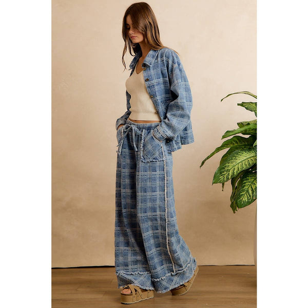 Frayed Plaid Wide Leg Jeans W/Pockets