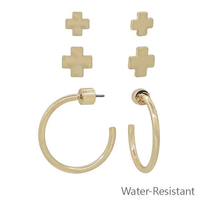 Water Resistant Set of 3 Gold Cross and Hoop Earrings