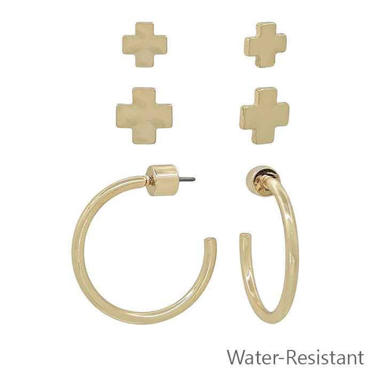 Water Resistant Set of 3 Gold Cross and Hoop Earrings