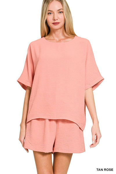 Woven Airflow Top And Shorts Set Tan Rose