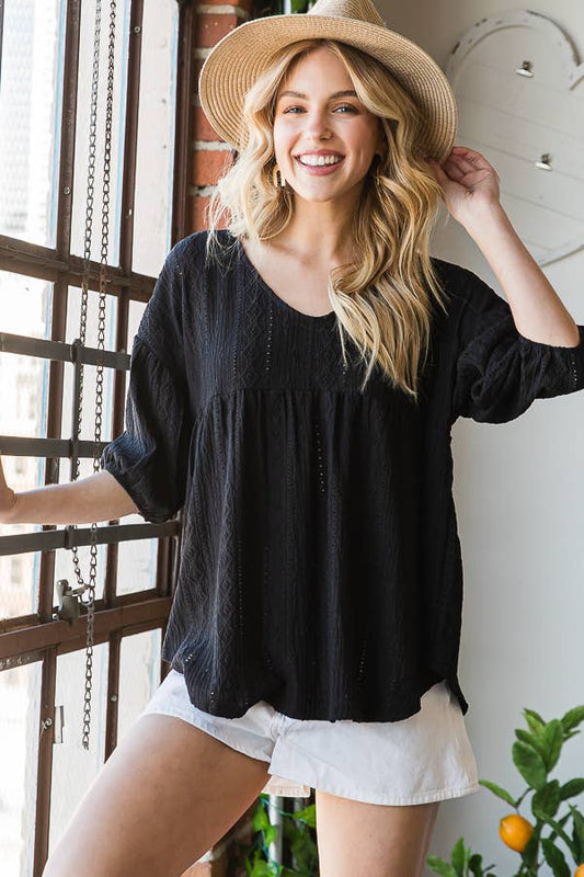 Eyelet Embroidered V-Neck Puff Sleeve Black