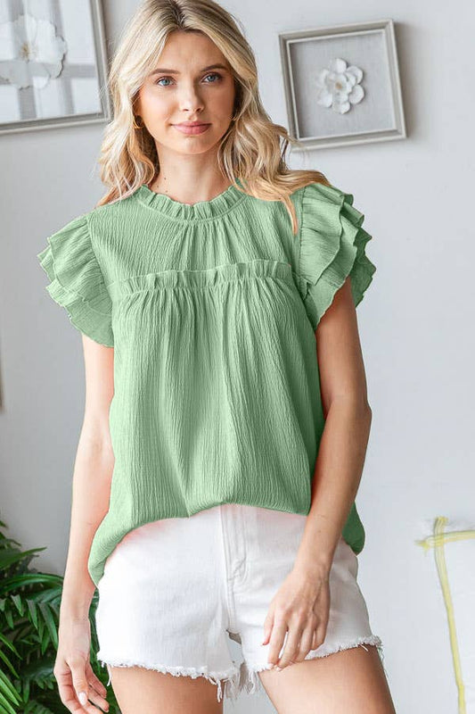 Crinkle Keyhole Ruffle Top Avocado