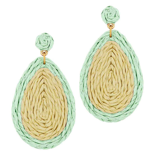 Mint and Tan Rattan Teardrop 2" Earring