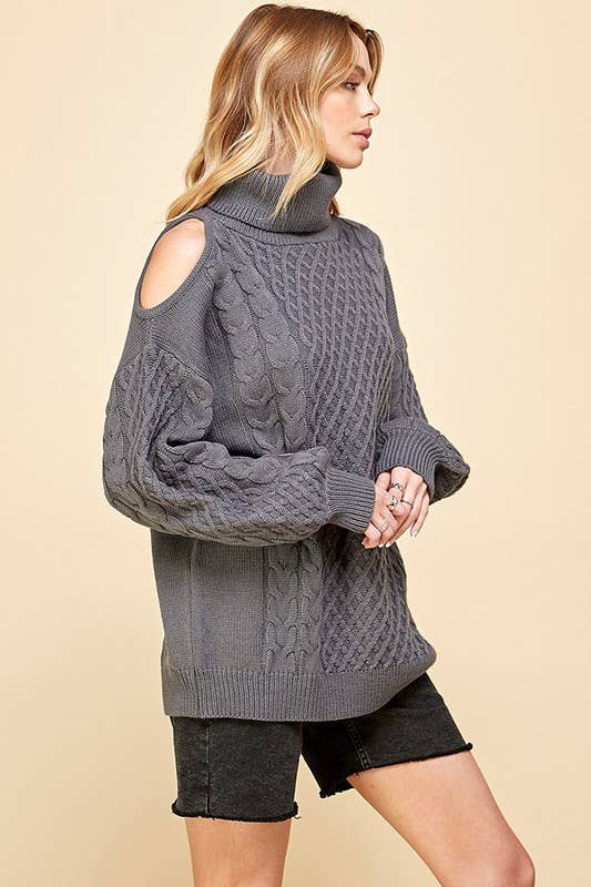 Charcoal Turtle Neck One Shoulder Sweater