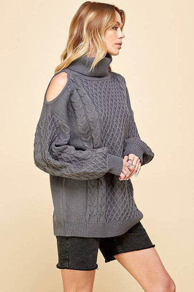 Charcoal Turtle Neck One Shoulder Sweater*