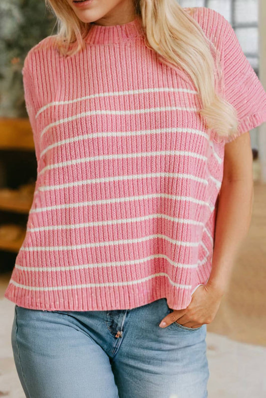 Pink Striped Short Sleeve Sweater