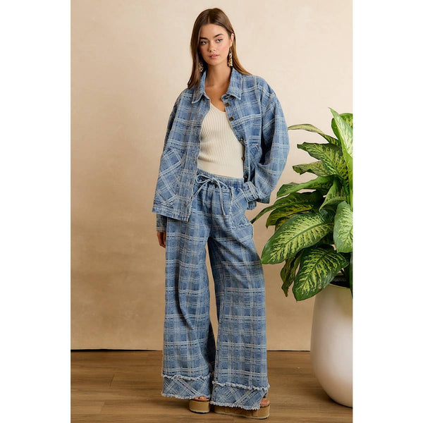 Frayed Plaid Wide Leg Jeans W/Pockets
