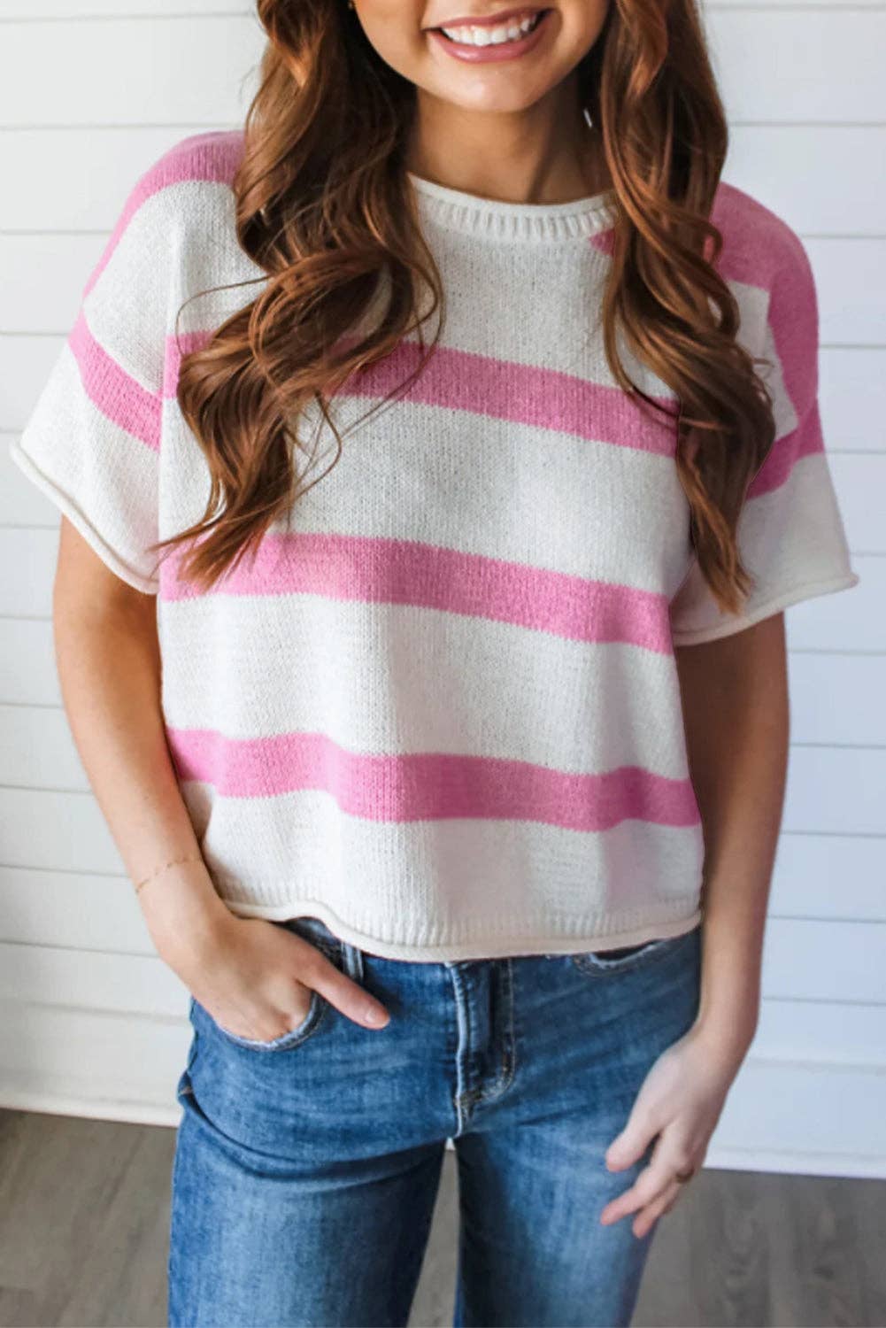 Pink Stripe Short Sleeve Sweater*