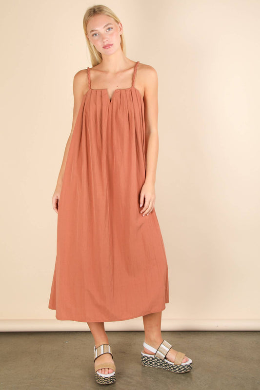 Pleated Solid Woven Midi Dress