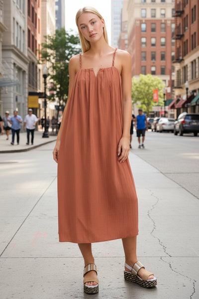 Pleated Solid Woven Midi Dress