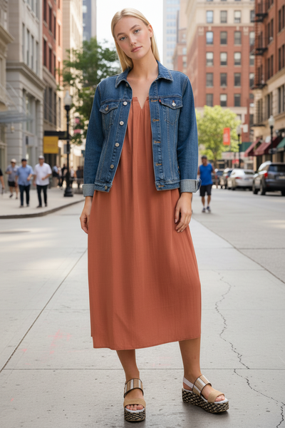 Pleated Solid Woven Midi Dress