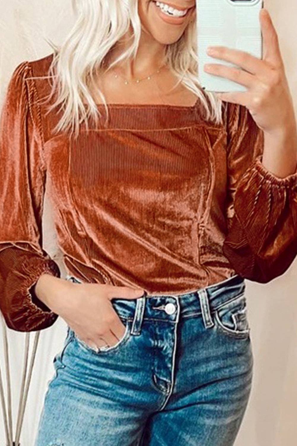 Clay Velvet Ribbed Square Neck Top