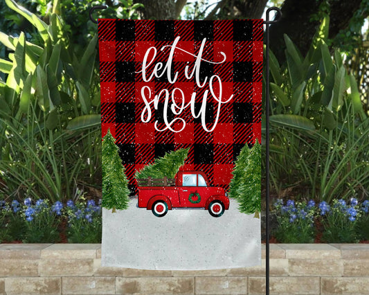 Garden Flag: Let it Snow Buffalo Plaid Truck and Trees