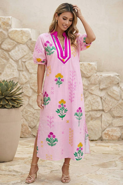 Pink Floral V Neck Dress