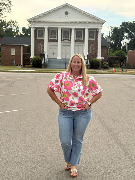 Sassy Floral Ruffle Striped Collar Top