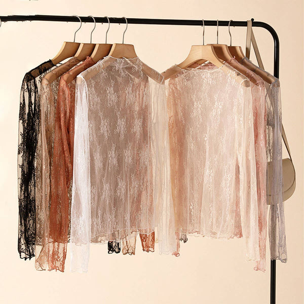 White Sheer Lace Mesh Long Sleeve Top