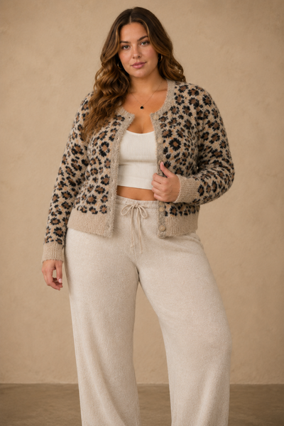Taupe Fuzzy Leopard Button Cardigan