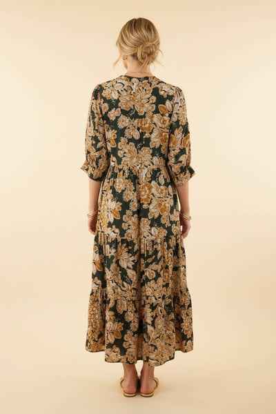 Olive Floral Tiered Ruffle Sleeve Long Dress