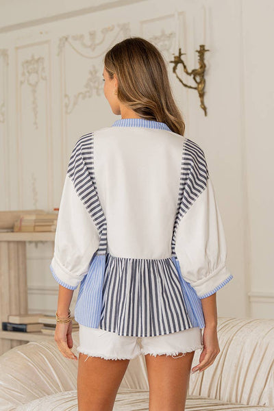 Denim Blue and White Striped Peplum Top