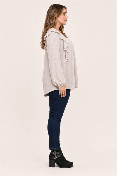 Taupe Waffle Knit Square Neck Ruffle Top