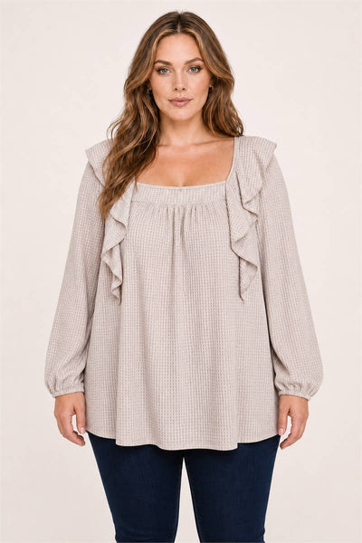 Taupe Waffle Knit Square Neck Ruffle Top