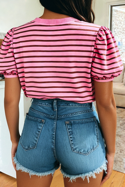 Rose Stripe V Neck Short Puff Sleeve