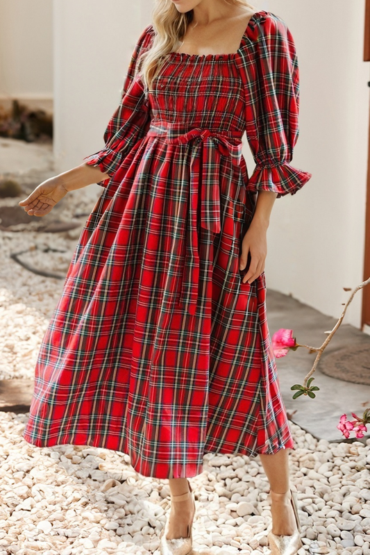 Plaid Knot Waist Flared Dress